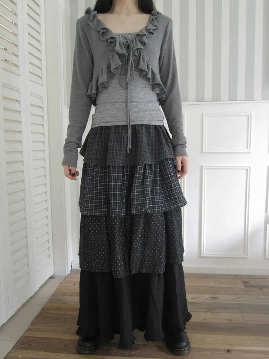ang project Vintage Checkered Polka Dot Tiered Ruffle Skirt Skirt