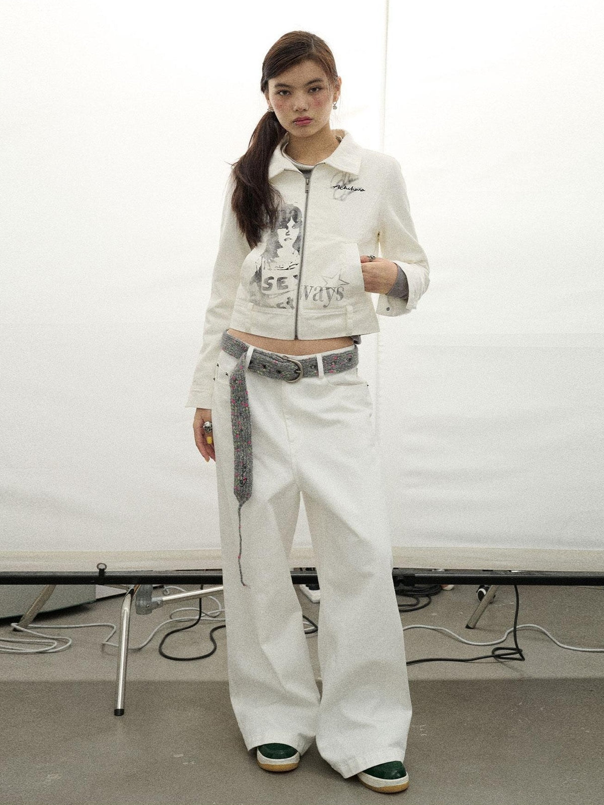 Achihara Print Fleece Lined Stand Collar Cotton Denim Women&