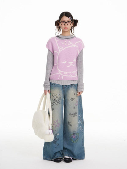 BETWEENAND Lilac Bear Print Layered Cap Women&