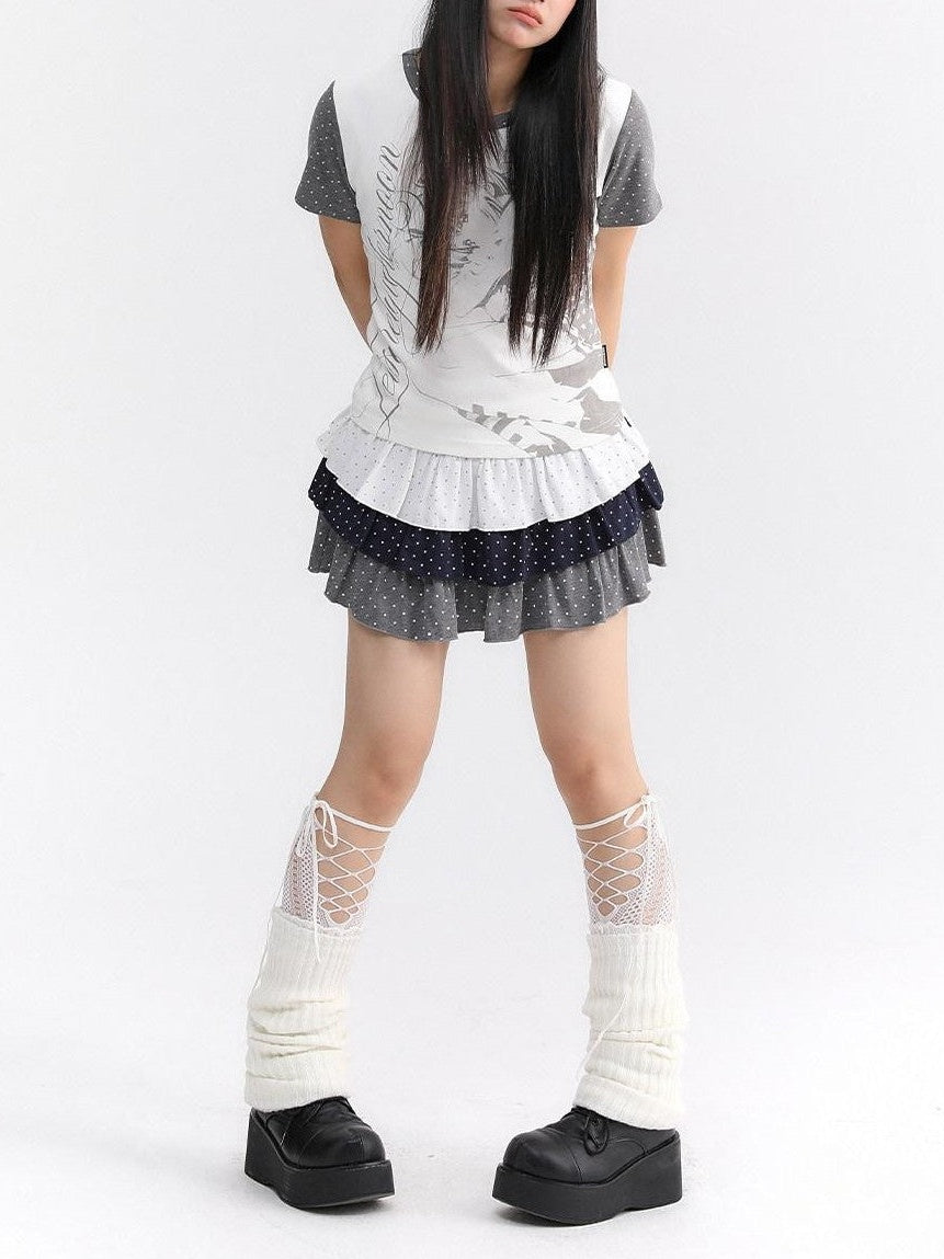 atrandom Polka Dot Spliced Pleated Elastic Waist Women&