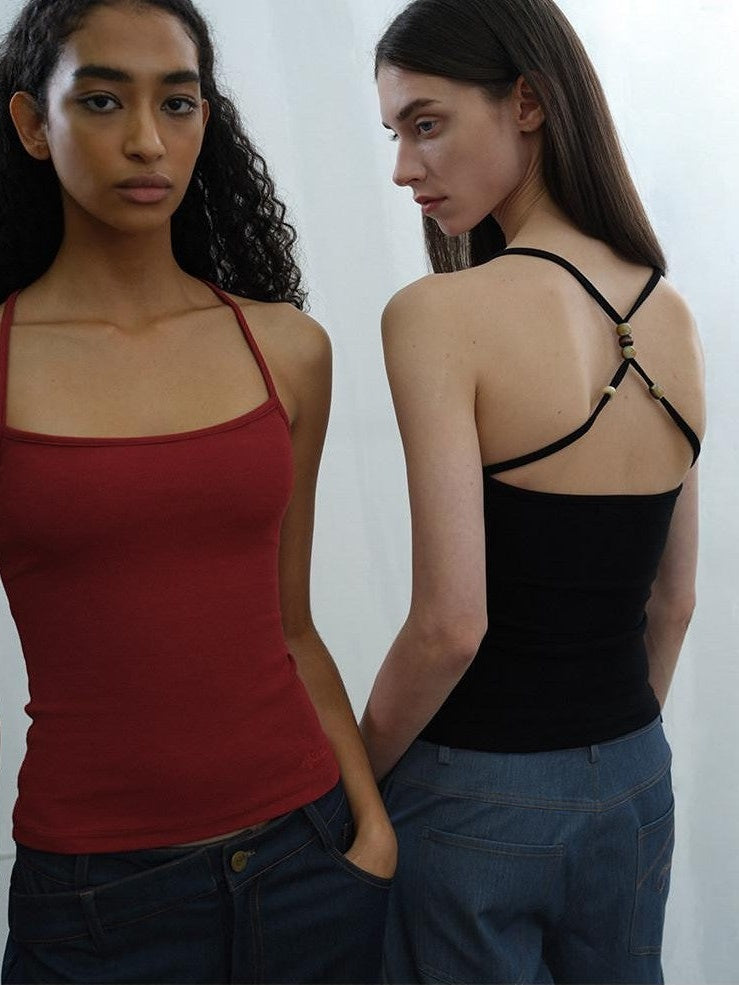 AFTADAWN Cropped Cross Back Beaded Ribbed Slim Women&