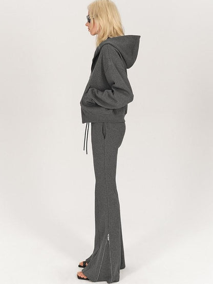 AFTADAWN Solid Hooded Zip Jacket Micro Flare Pants Women&