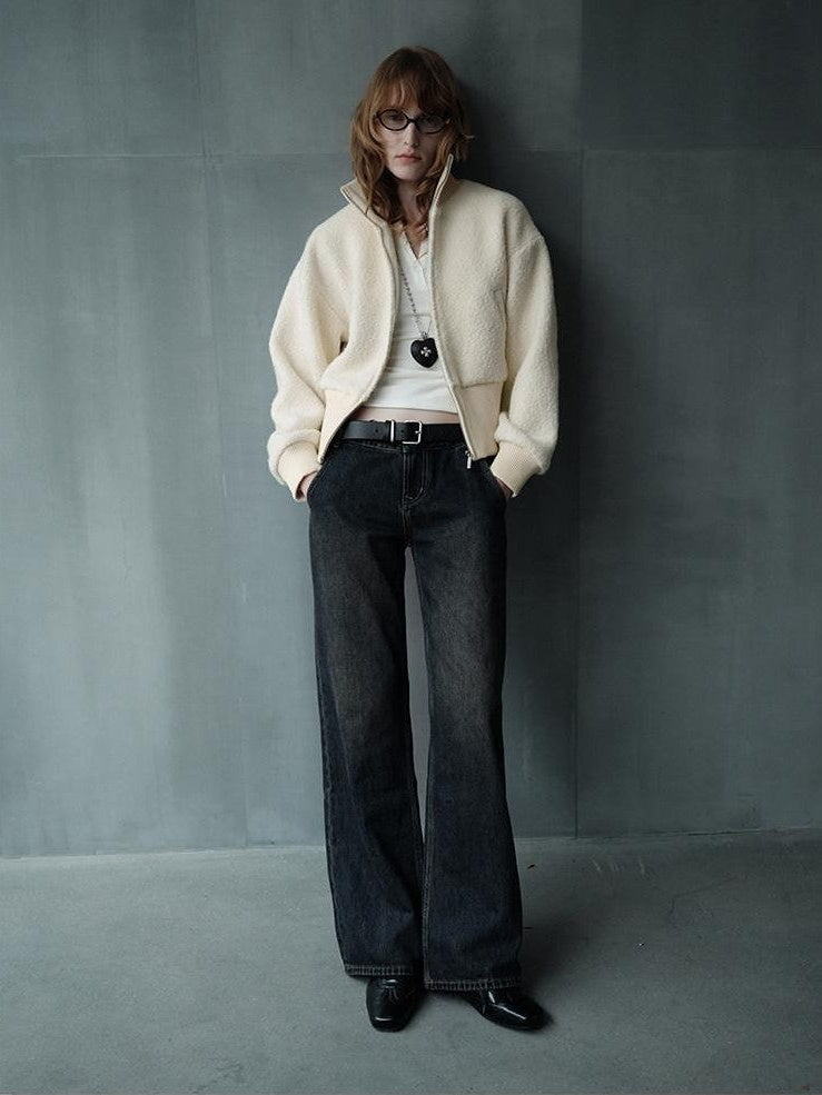 AFTADAWN Ivory Ribbed Knit Zip Stand Collar Women&