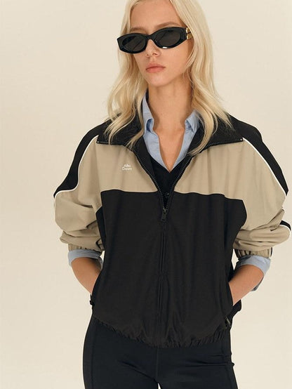AFTADAWN Light Blue Colorblock Raglan Stand Collar Zipper Women&