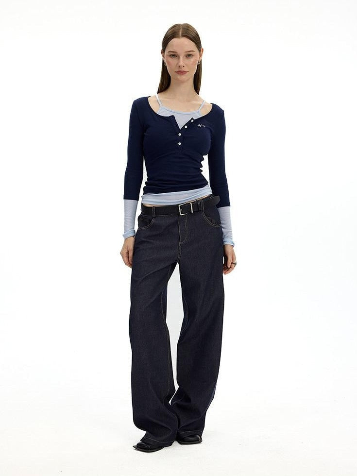 AFTADAWN Colorblock Faux Two Piece Henley Women&