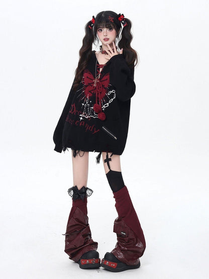 Crazy Girl Butterfly Bow V-neck Hooded Lantern Sleeve Loose Women&
