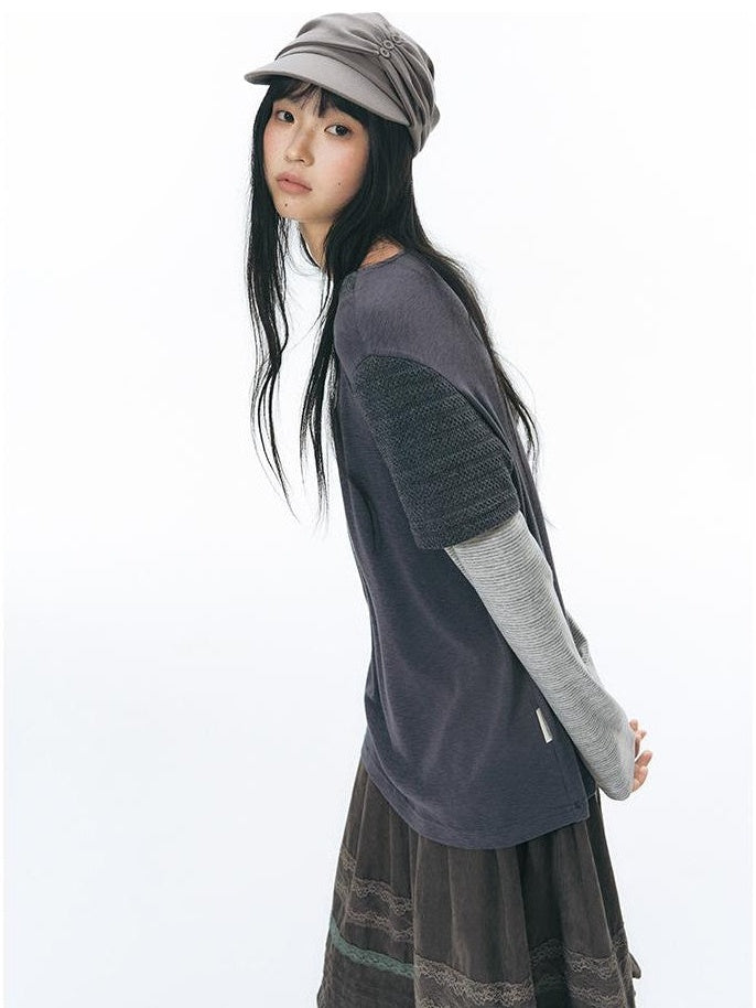 NAPSNAPS Vintage Spliced Faux Layered Round Neck Women&