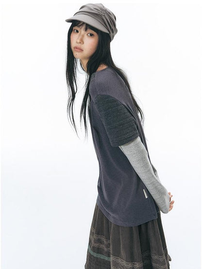 NAPSNAPS Vintage Spliced Faux Layered Round Neck Women&