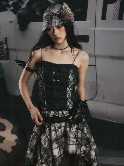 ALL iN plan Plaid Patchwork Ruffle Tie Front Mid Length Women&