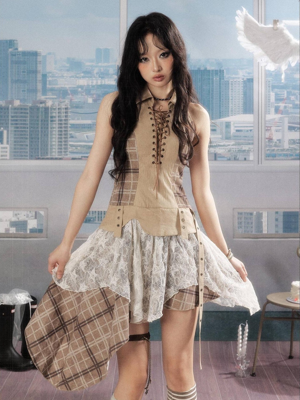 ALL iN plan Lightweight Khaki Polyester Sleeveless Asymmetrical Hem Women Casual Mini Dresses