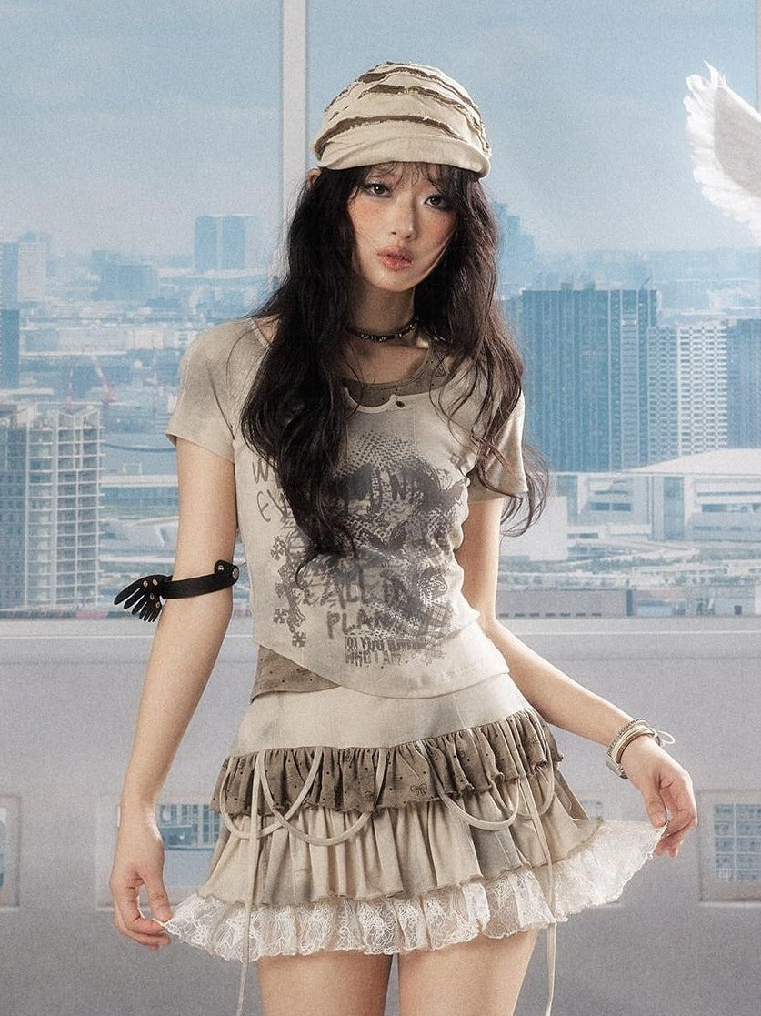 ALL iN plan Slim Fit Khaki Printed Cropped Casual Round Neck Women Short Sleeve T-Shirts