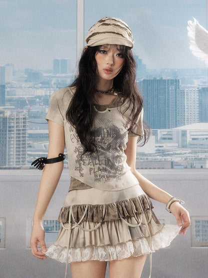 ALL iN plan Slim Fit Khaki Printed Cropped Casual Round Neck Women Short Sleeve T-Shirts