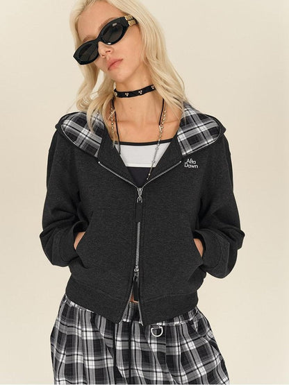 AFTADAWN Gray Plaid Patchwork Double Zipper Women&