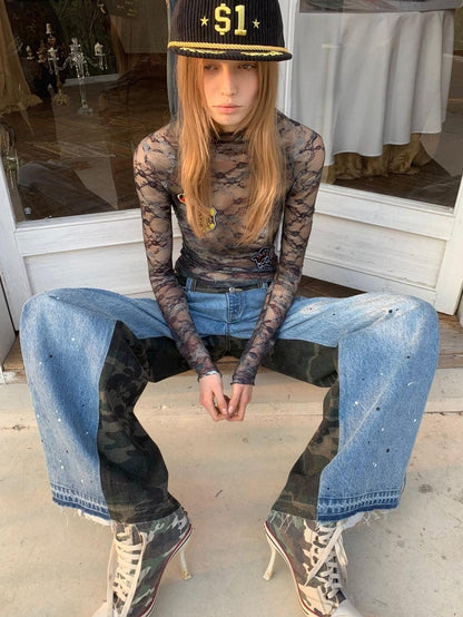 1JINN STUDIO Vintage Double Sided Camo Patch Ink Splatter Women&