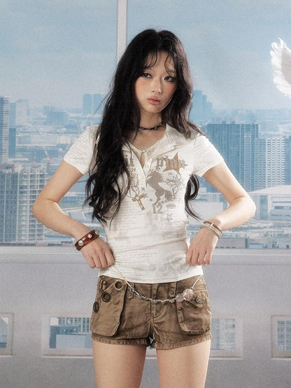 ALL iN plan Soft Stretch Cotton Blend Letter Print Cinched Waist A Line Sleeve Women T Shirt