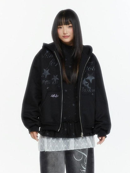 atrandom Embroidered Print Two Way Zip Hooded Women&