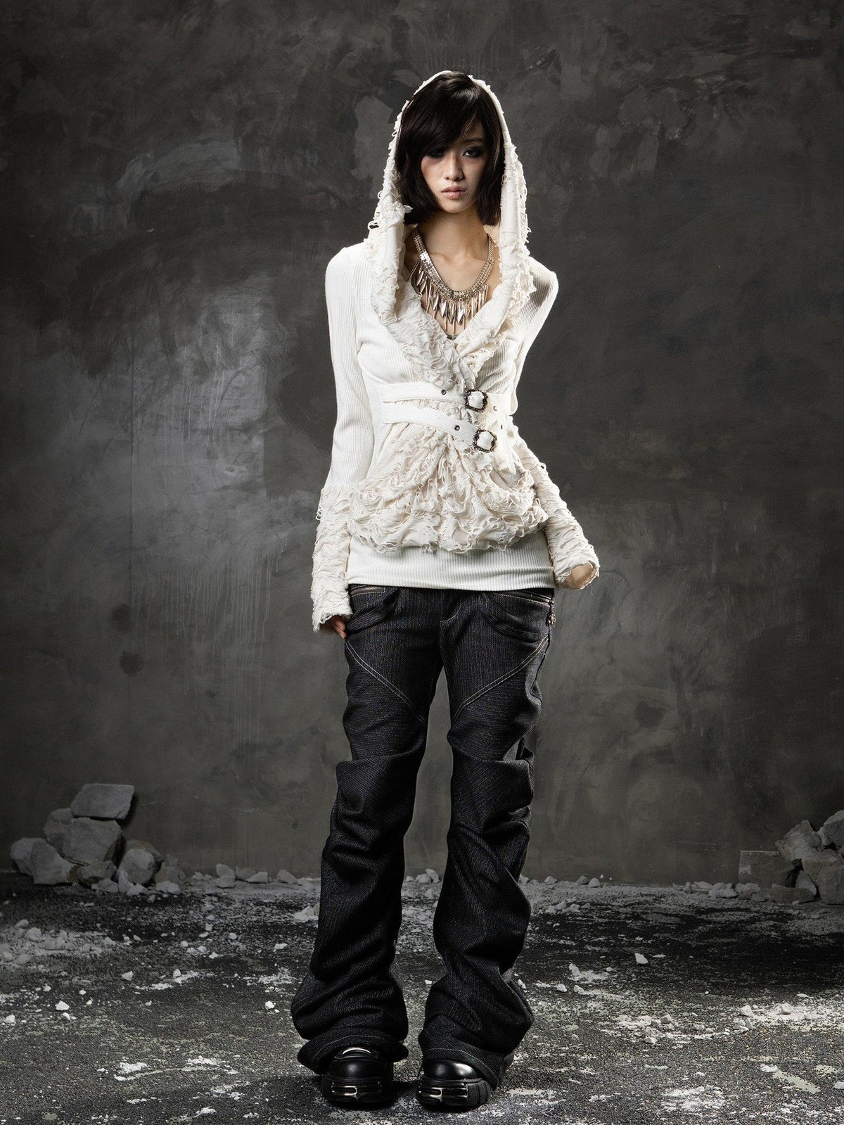 ARIADNAw Black Denim Punk Double Waistband Curved Stacked Texture Women&