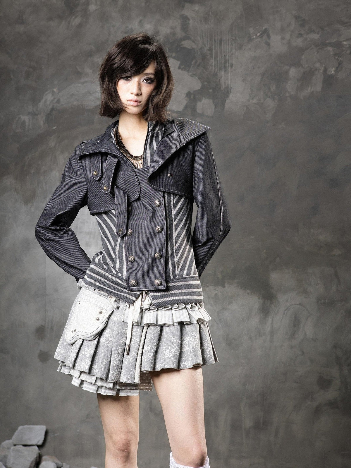 ARIADNAw Denim Blue Asymmetrical Striped Patchwork Original Design Women&