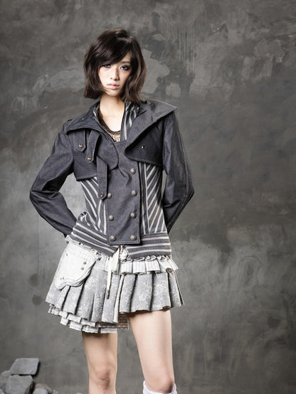 ARIADNAw Denim Blue Asymmetrical Striped Patchwork Original Design Women&