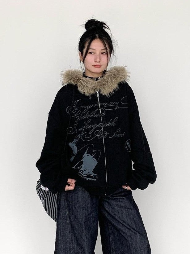 atrandom Gray Allover Letter Print Fur Trim Fleece Women&