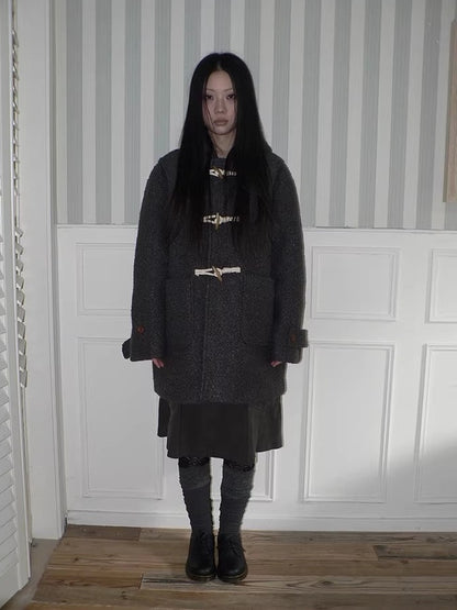 ang project Insulated Vintage Commuter Loose Hooded Midlength Women Toggle Pocket Gray Coat