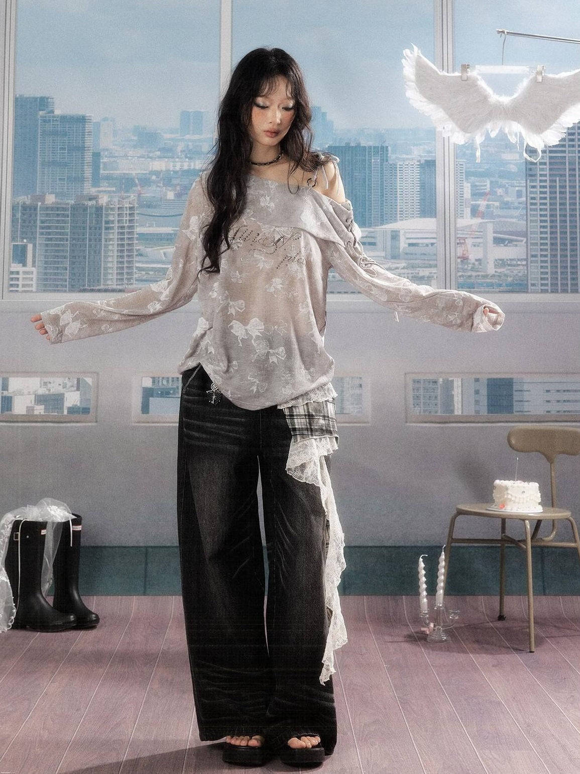 ALL iN plan 3D Embellished Casual Natural Waist Washed Denim Black Stretch Wide-Leg Jeans
