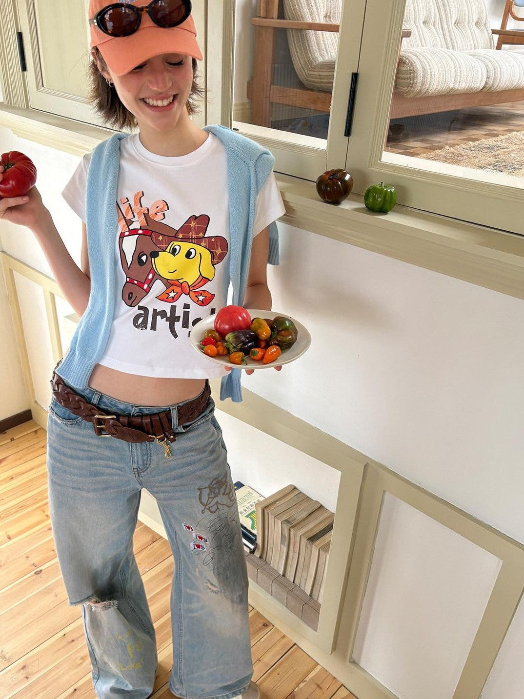 sancco house Denim Puppy Illustration Print Crop Crew Neck Women&