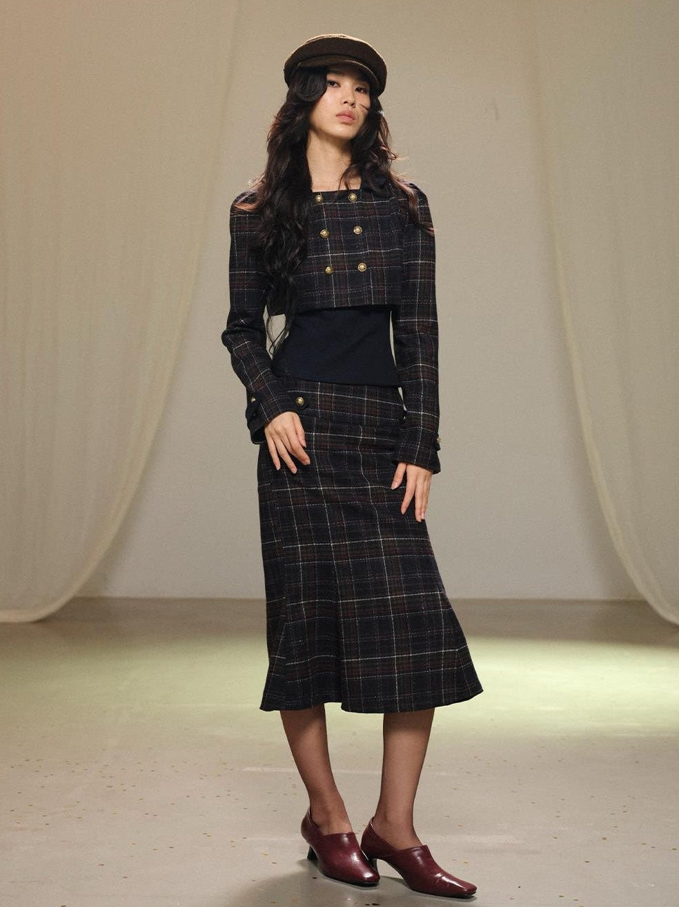 lvetong Plaid Wool Blend Cropped Jacket Long Sleeve Fishtail Skirt Women&