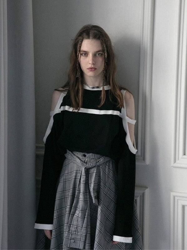 ANYQUESTION_Black_Off_Shoulder_Striped_Loose_Round_Neck_Women&