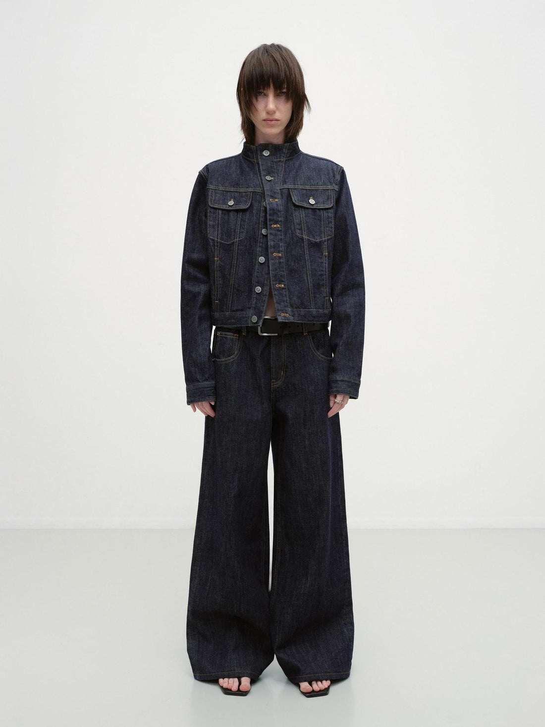 RUN TO THE FUTURE Indigo Two Piece Denim Set Button Jacket Casual Neutral Female Wide-Leg Jeans