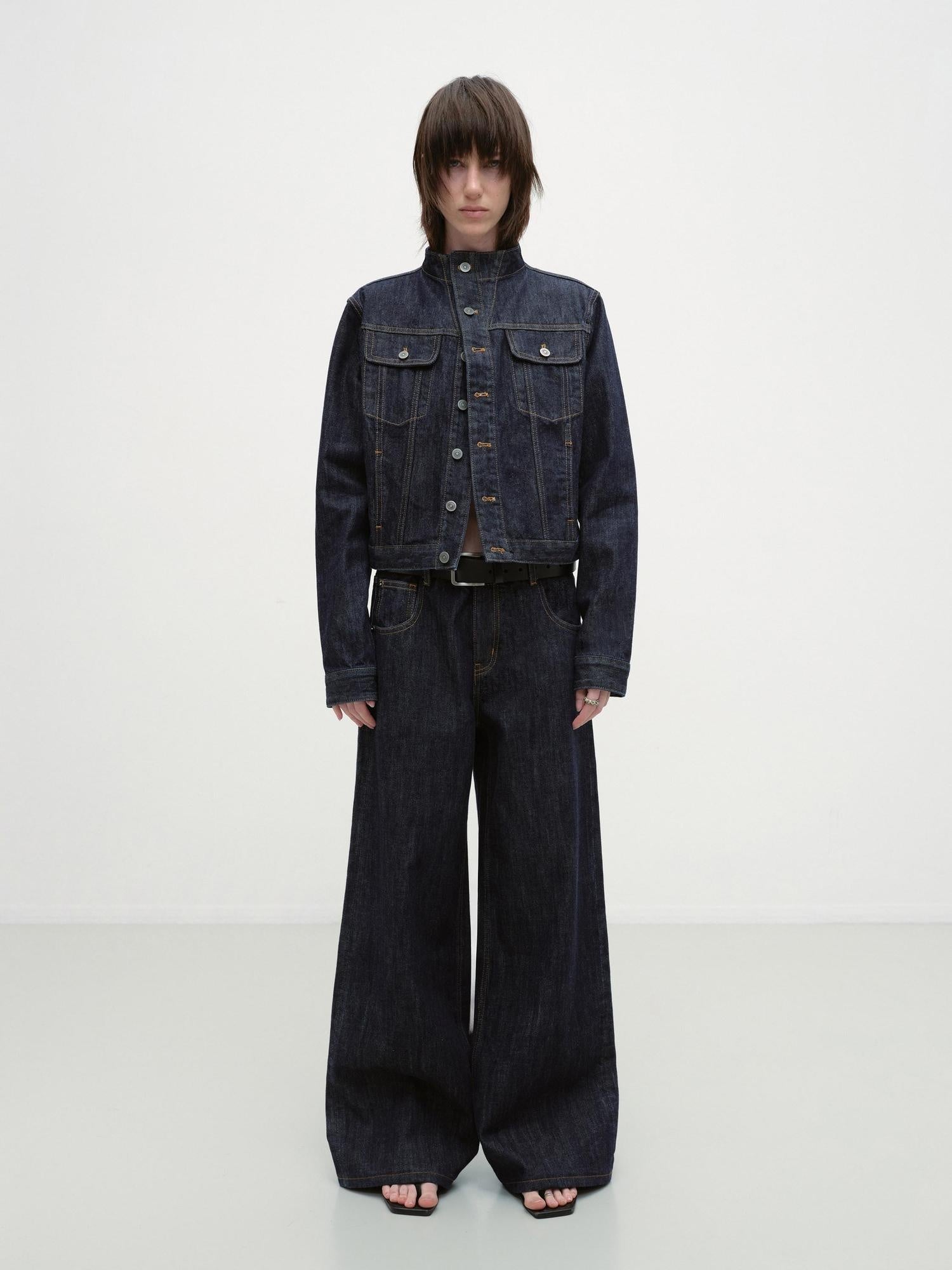 RUN TO THE FUTURE Indigo Two Piece Denim Set Button Jacket Casual Neutral Female Wide-Leg Jeans