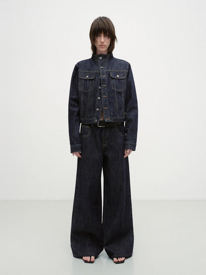 RUN TO THE FUTURE Indigo Two Piece Denim Set Button Jacket Casual Neutral Female Wide-Leg Jeans