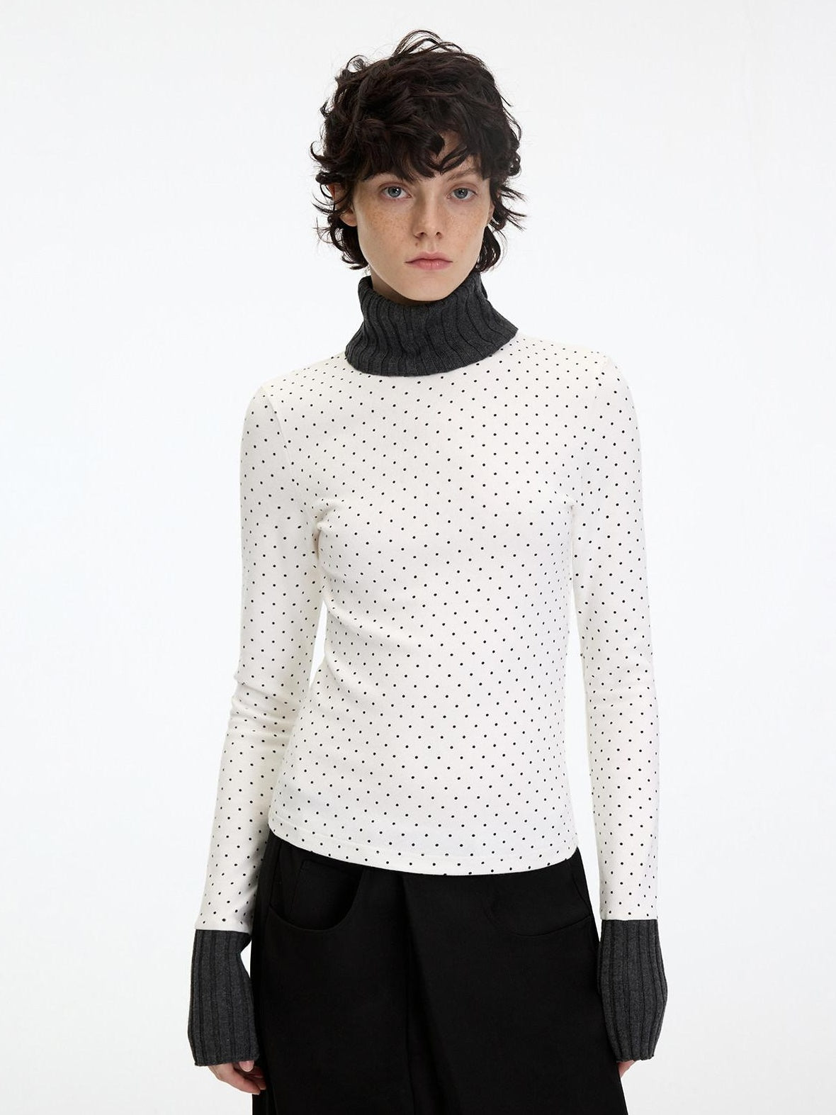 RUN TO THE FUTURE Polka Dot Patchwork High Neck Slim Fit Casual Women White Long Sleeve T-Shirts