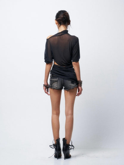 Flowers birds Market Washed Slim Fit Casual Denim Black Women Slight Stretch Low-Rise Shorts