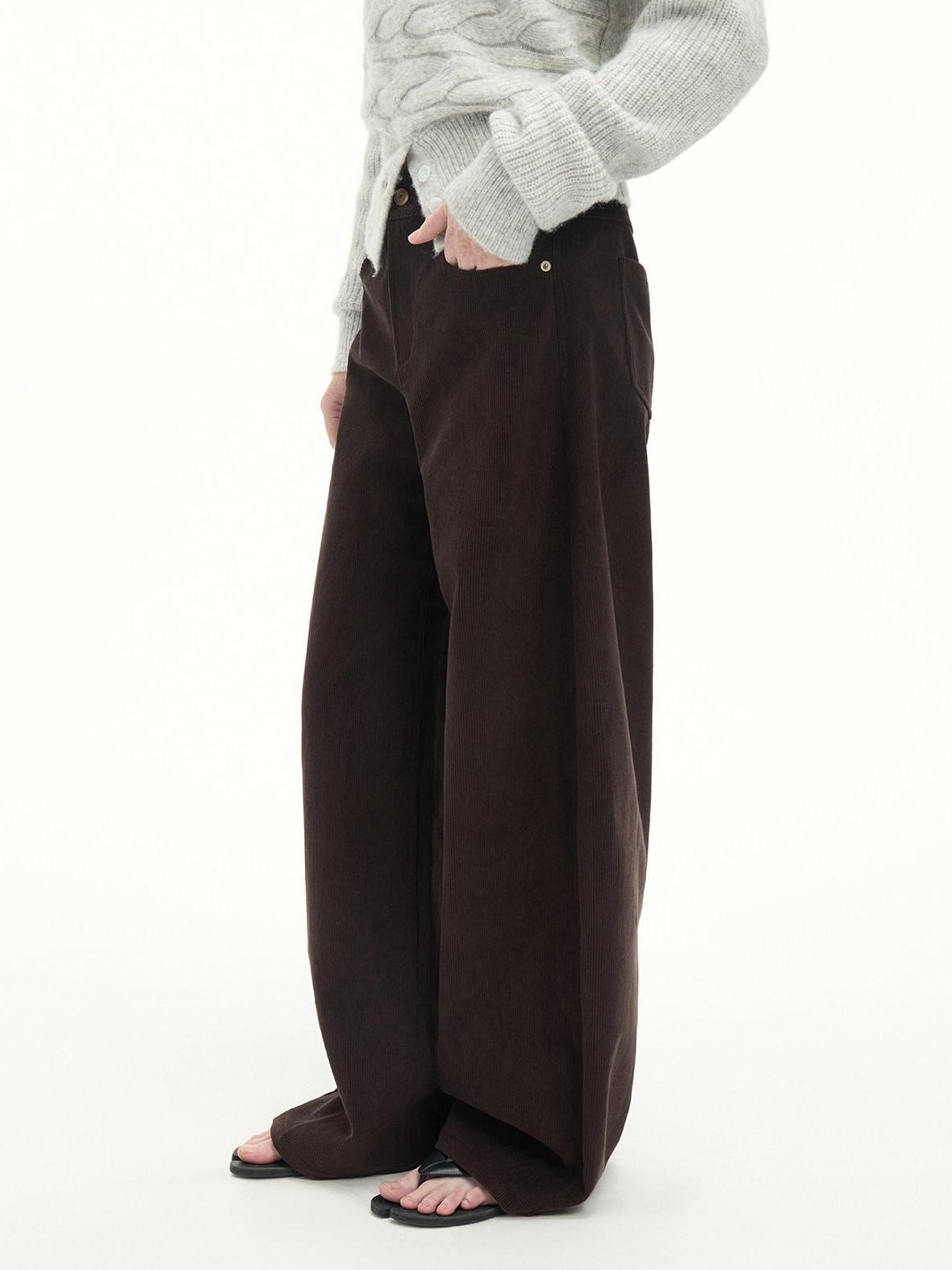 RUN TO THE FUTURE Casual Mid Low Waist Zip Fly Polyester Women Deep Brown Wide-Leg Pants