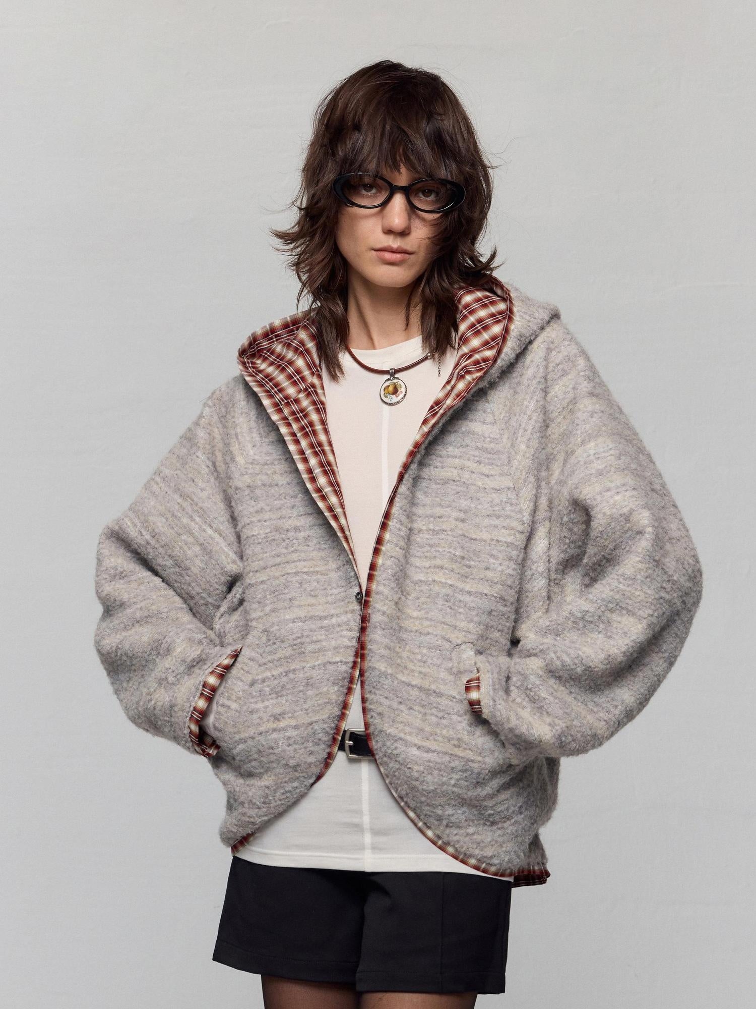 RUN TO THE FUTURE Original Design Loose Fit Contrast Plaid Pocket Zip Up Women Poly Wool Hoodies