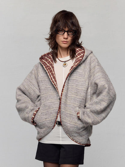 RUN TO THE FUTURE Original Design Loose Fit Contrast Plaid Pocket Zip Up Women Poly Wool Hoodies