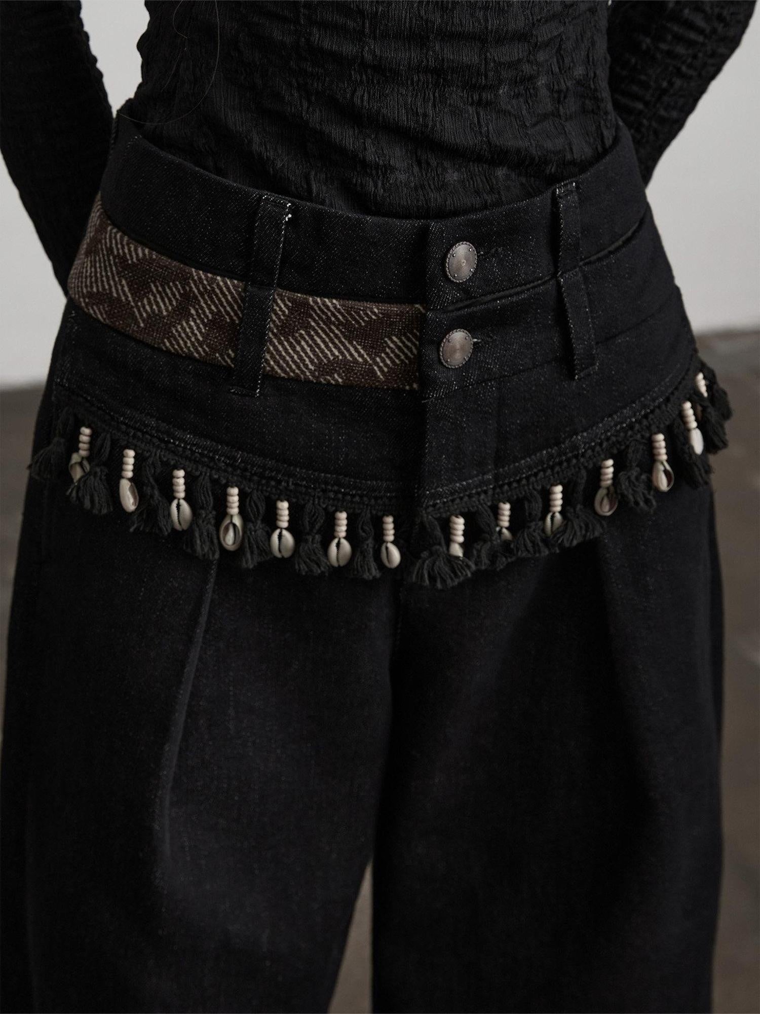 INDULGE Durable Washed Natural Waist Pockets Women Black Cotton Wide-Leg Jeans