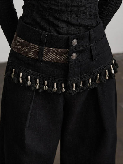 INDULGE Durable Washed Natural Waist Pockets Women Black Cotton Wide-Leg Jeans