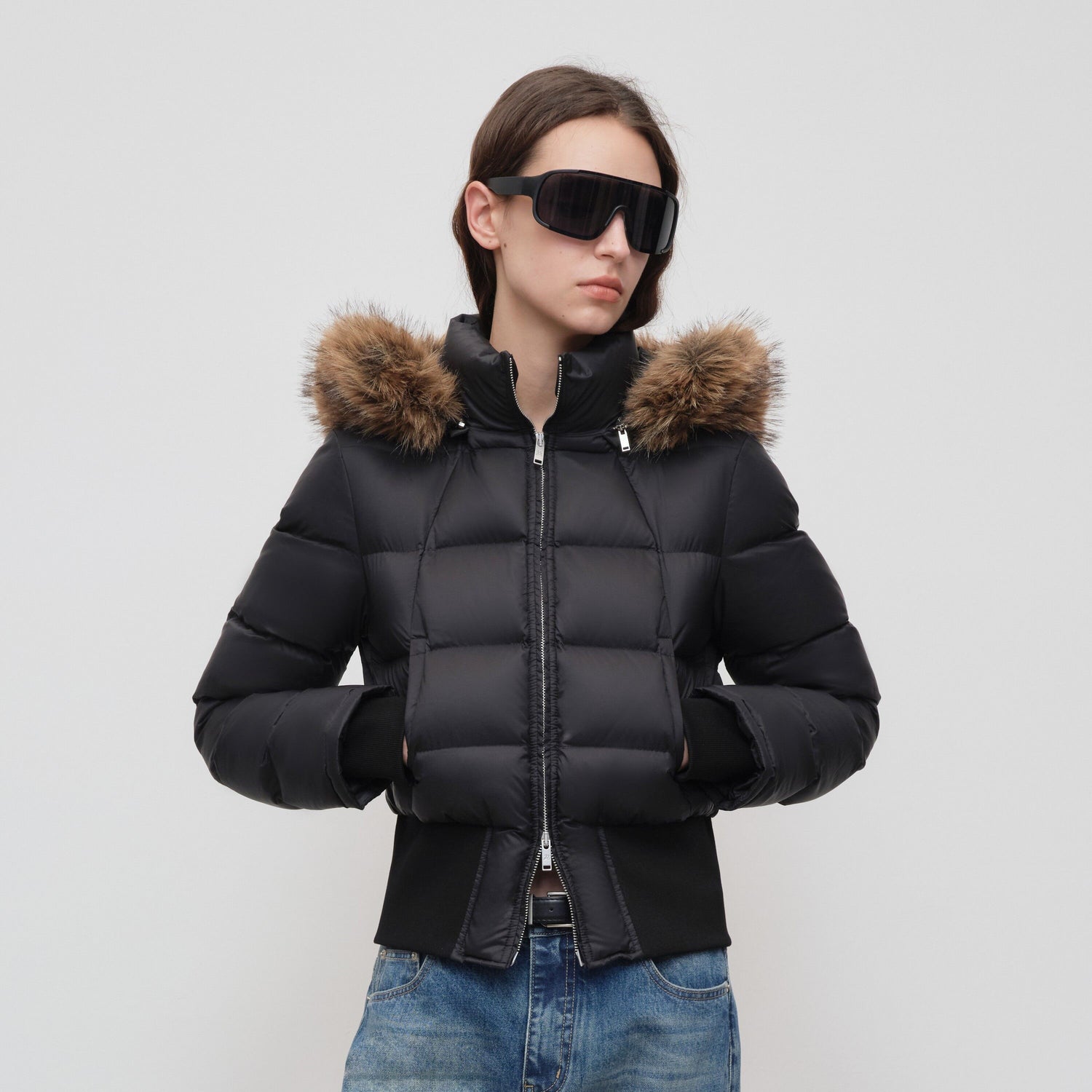 RUN TO THE FUTURE Warm 90 Percent White Duck Slim Hooded Fur Collar Black Women Zip Down Jackets