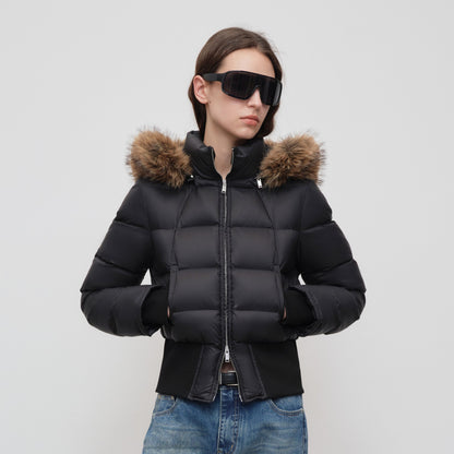 RUN TO THE FUTURE Warm 90 Percent White Duck Slim Hooded Fur Collar Black Women Zip Down Jackets
