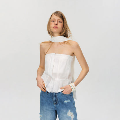 The_NeverMore_Zipper_Front_Slim_Short_Solid_White_Office_Chic_Strapless_Tube_Tops_MISSTT