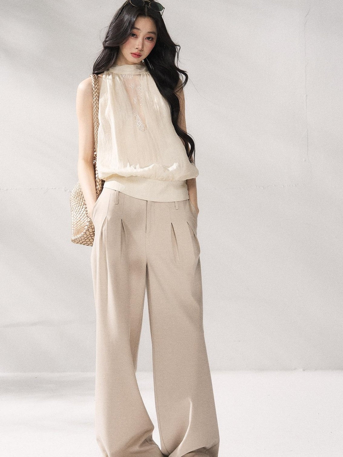 7Shiftin Soft Lyocell Loose Halter High Neck Short Beige Womens Off Shoulder Crop Tops
