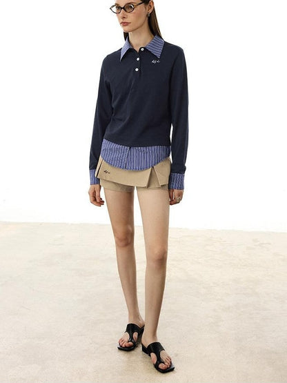 AFTADAWN Colorblock Faux Two Piece Polo Collar Striped Women&