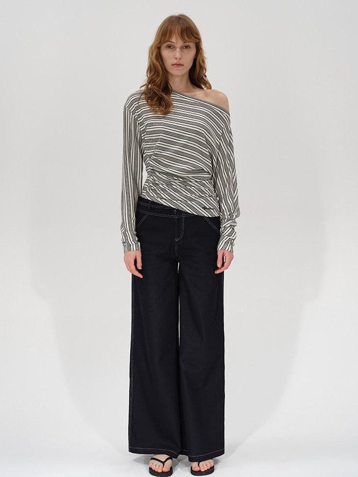 AFTADAWN Ruched Asymmetric Neck Striped Women&