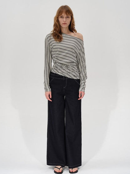 AFTADAWN Ruched Asymmetric Neck Striped Women&