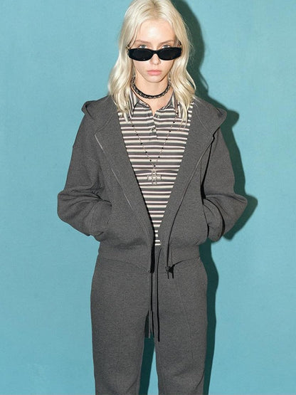 AFTADAWN Solid Hooded Zip Jacket Micro Flare Pants Women&