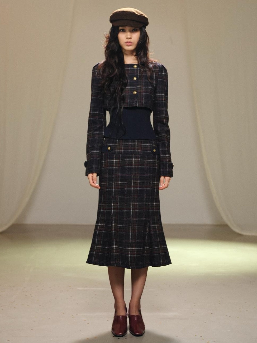 lvetong Plaid Wool Blend Cropped Jacket Long Sleeve Fishtail Skirt Women&