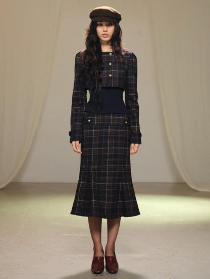 lvetong Plaid Wool Blend Cropped Jacket Long Sleeve Fishtail Skirt Women&