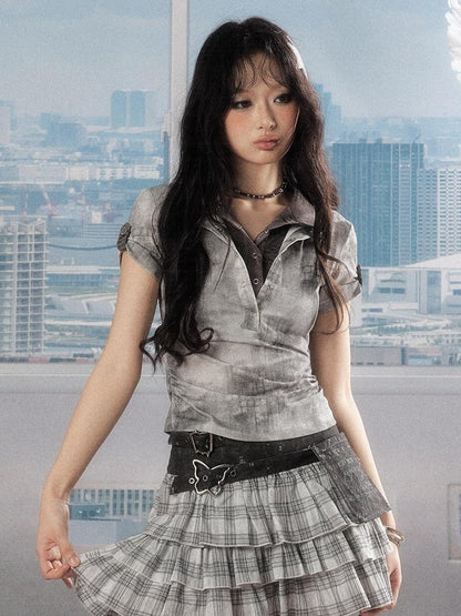 ALL iN plan Pure Cotton Hollowout Slim Mid Waist Cake Tier Women Grey Tiered Skirts